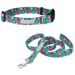 Teal Lucky Love Dog collar and leash set with bright pink and red floral patterns