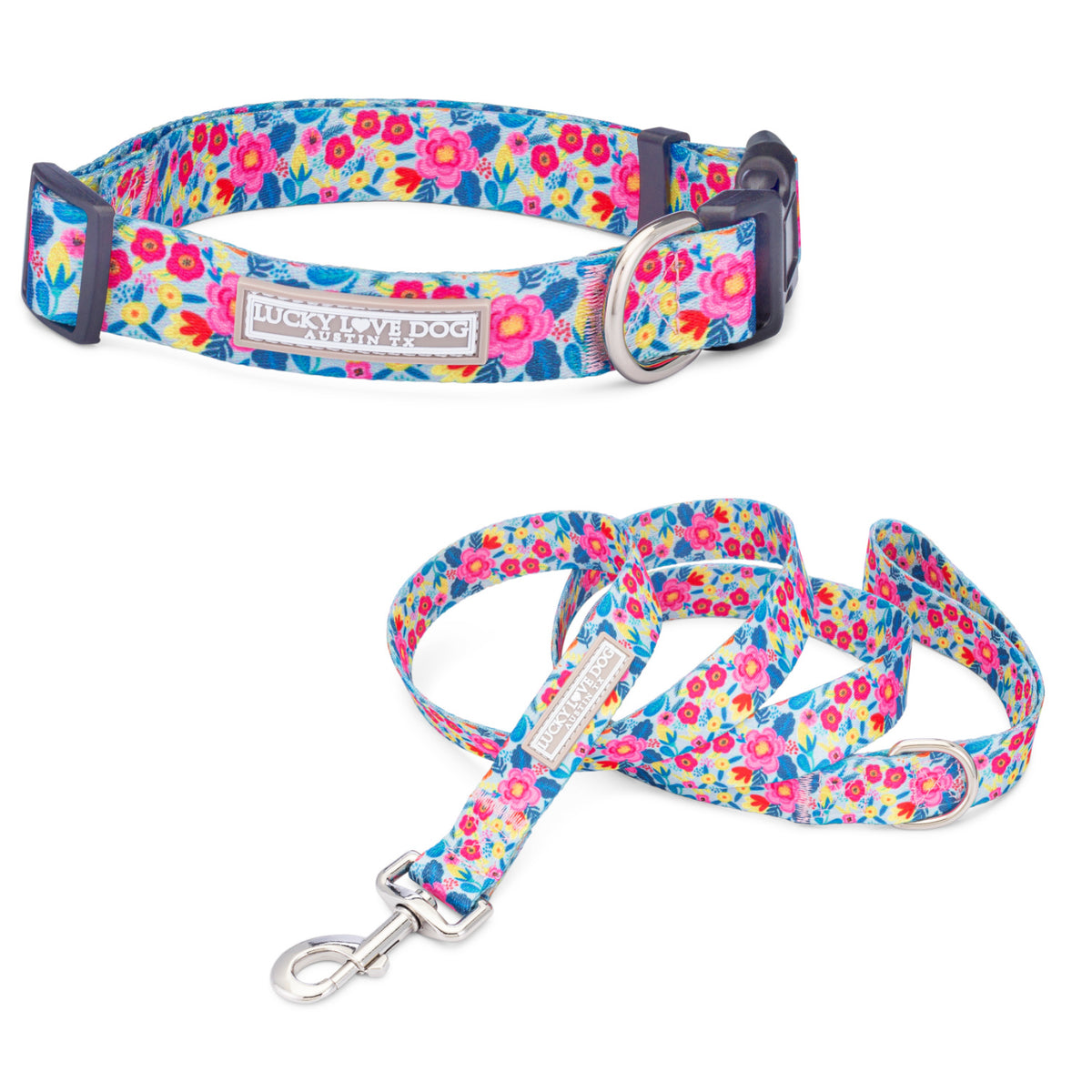 Bright floral dog collar and matching leash set.