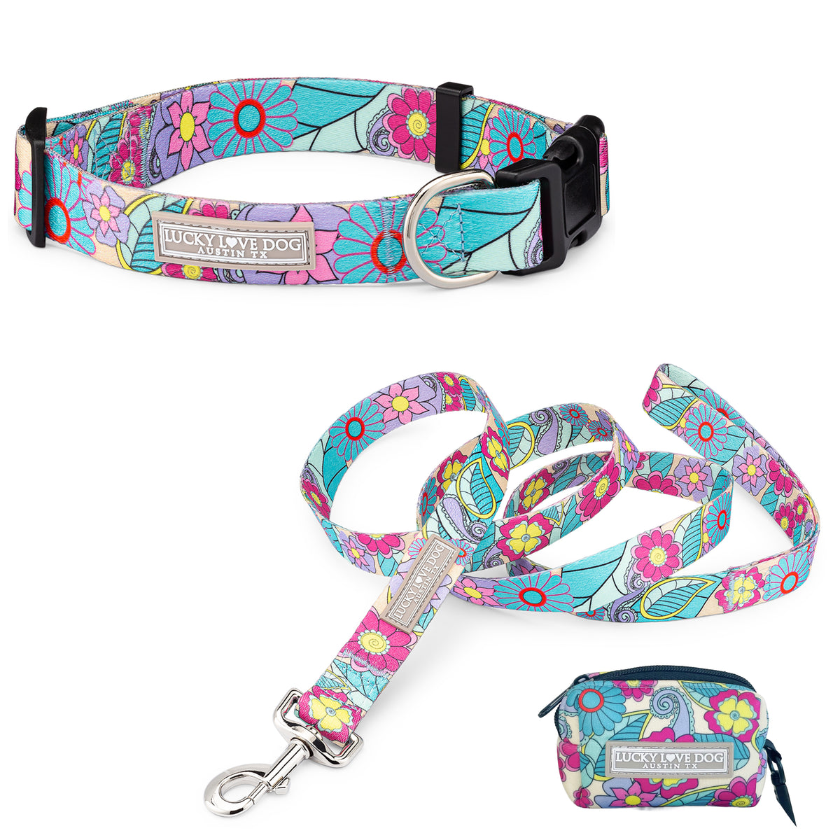 Floral dog collar, matching leash, and small accessory pouch