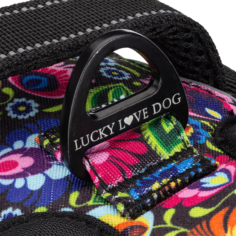Extreme close-up of a black metal D-ring leash attachment engraved with "LUCKY LOVE DOG" on a floral dog harness.