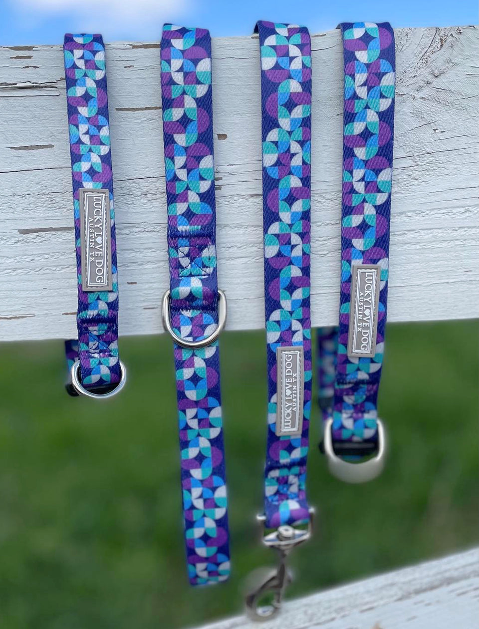 Set of blue and purple geometric-pattern Lucky Love Dog collars and leash