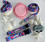 Blue floral Lucky Love Dog collar, leash, and accessories