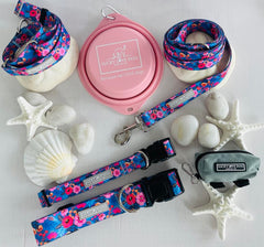 Blue floral Lucky Love Dog collar, leash, and accessories
