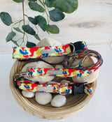 Bright, multicolor Lucky Love Dog collar and leash