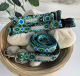 Green and blue geometric dog collar and leash set from Lucky Love Dog