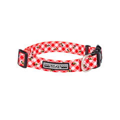 Red and white gingham dog collar with a cheerful bumblebee pattern.