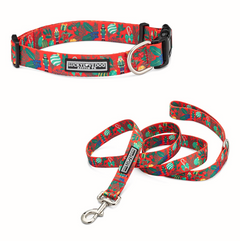 Red Christmas dog collar and matching leash with a Nutcracker, holly, and ornament pattern.