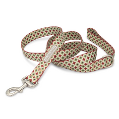 Red and white patterned Lucky Love Dog leash with metal clip.