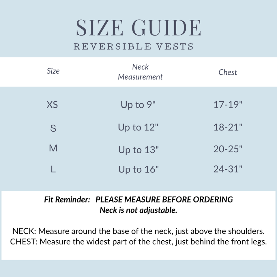 A size guide chart for reversible vests, showing neck and chest measurements for sizes XS, S, M, and L with fit reminders below.