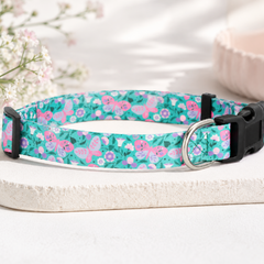 Floral patterned dog collar on a white surface with a soft blurred background