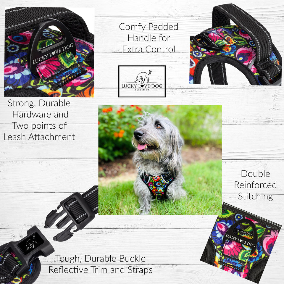 Product feature infographic for a floral dog harness with text callouts and a central image of a dog wearing the harness on grass.