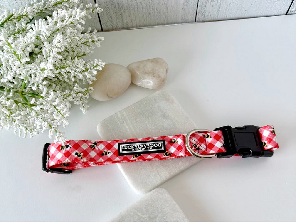 Red gingham dog collar with bumblebees, displayed on marble with white stones and flowers.
