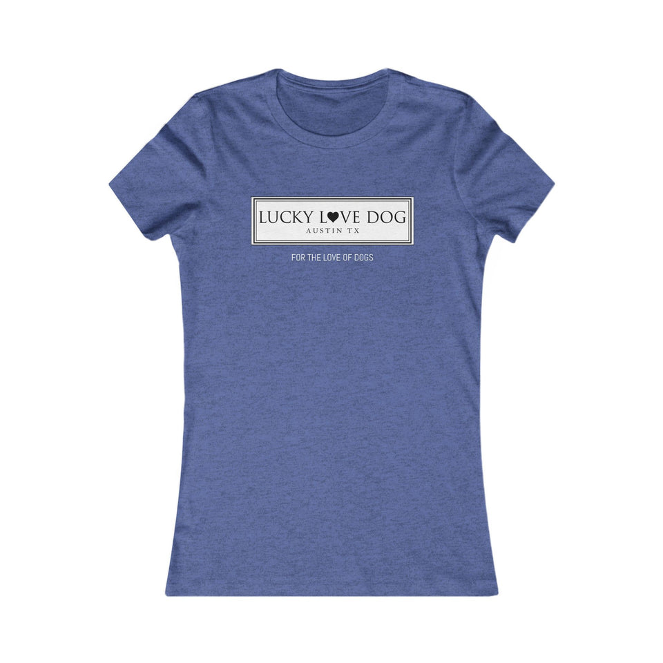 A heathered blue short-sleeve crewneck t-shirt with a white rectangular graphic on the chest that reads 'LUCKY LOVE DOG AUSTIN, TX' and 'FOR THE LOVE OF GODS' underneath, displayed on a solid white background.