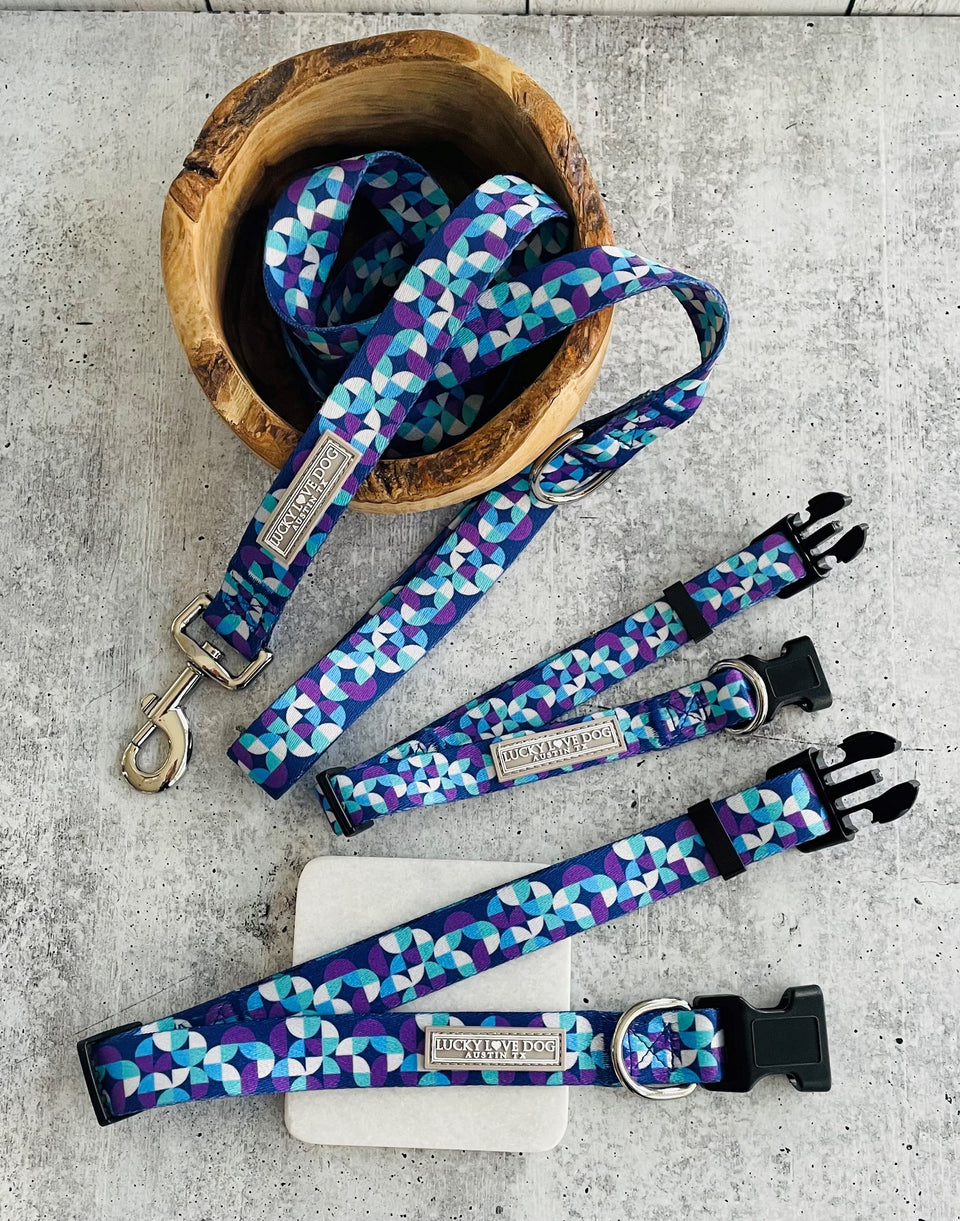 Set of Lucky Love Dog Jasper collection accessories displayed on a stone surface, including a matching geometric blue collar, leash, and waste bag holder in a wooden bowl.