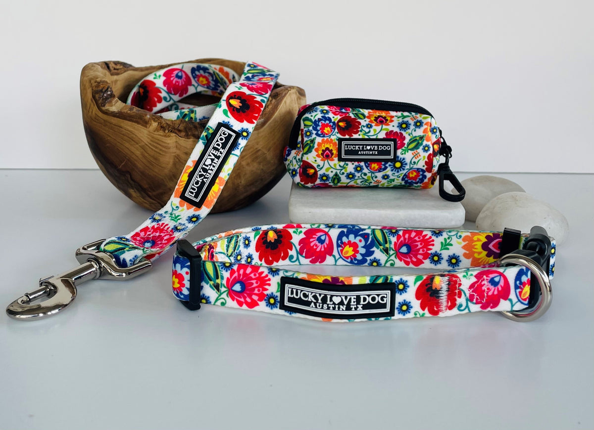 Colorful floral dog leash and accessories by Lucky Love Dog Austin