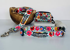 Colorful floral dog leash and accessories by Lucky Love Dog Austin