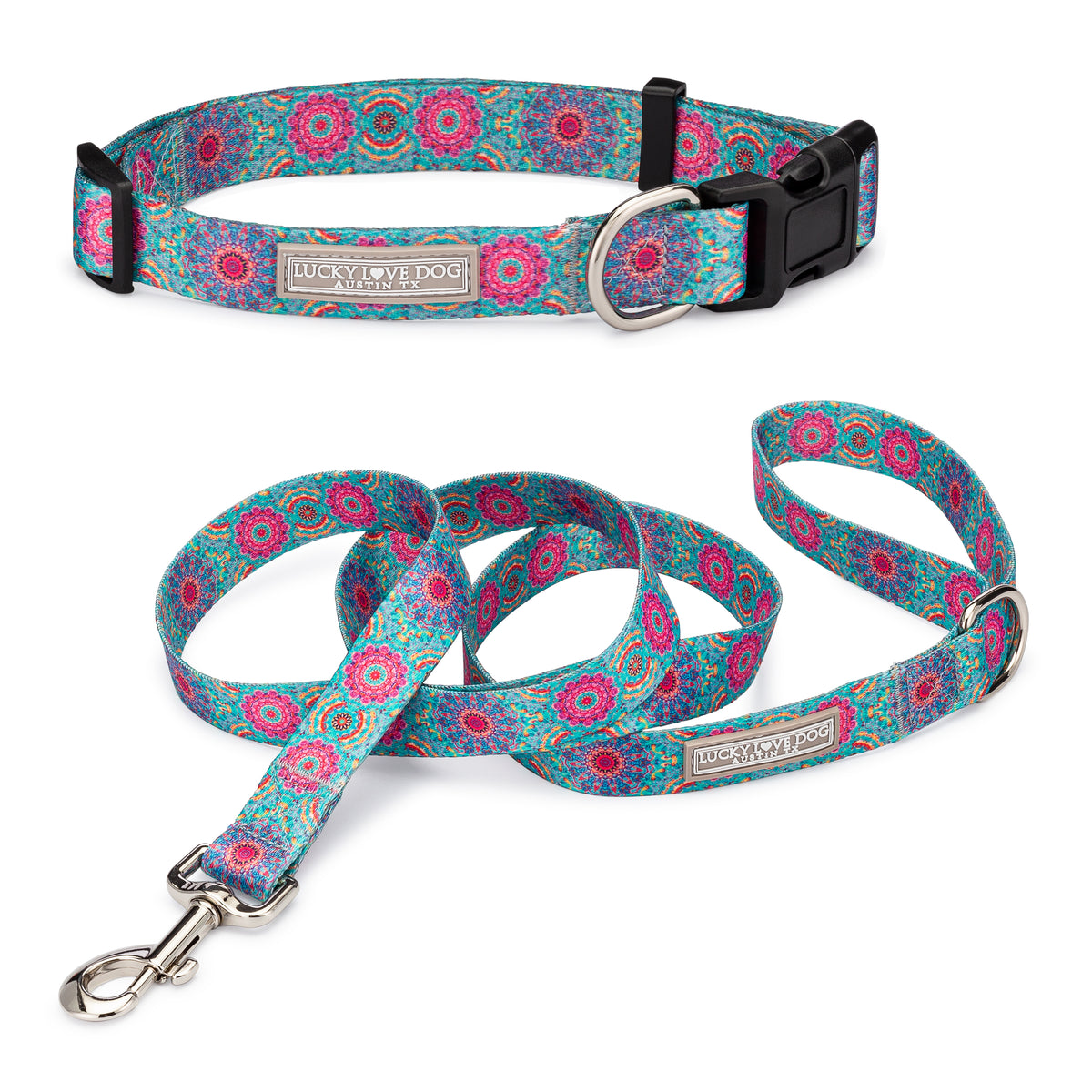 boho pink turquoise female dog collar and leash