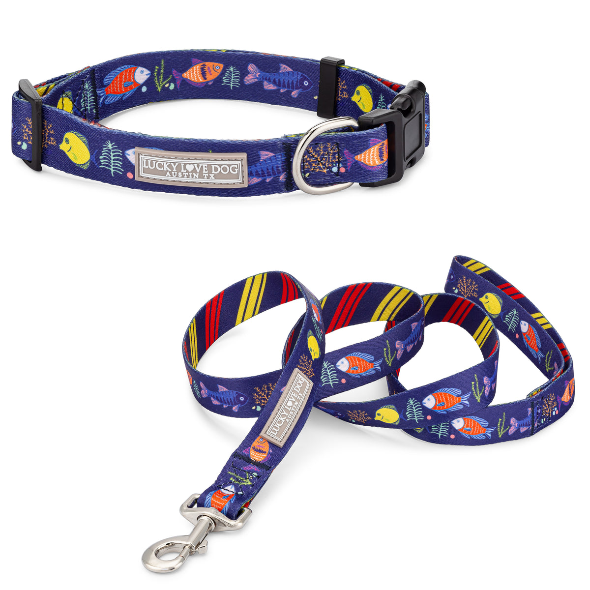 blue tropical fish dog collar and leash