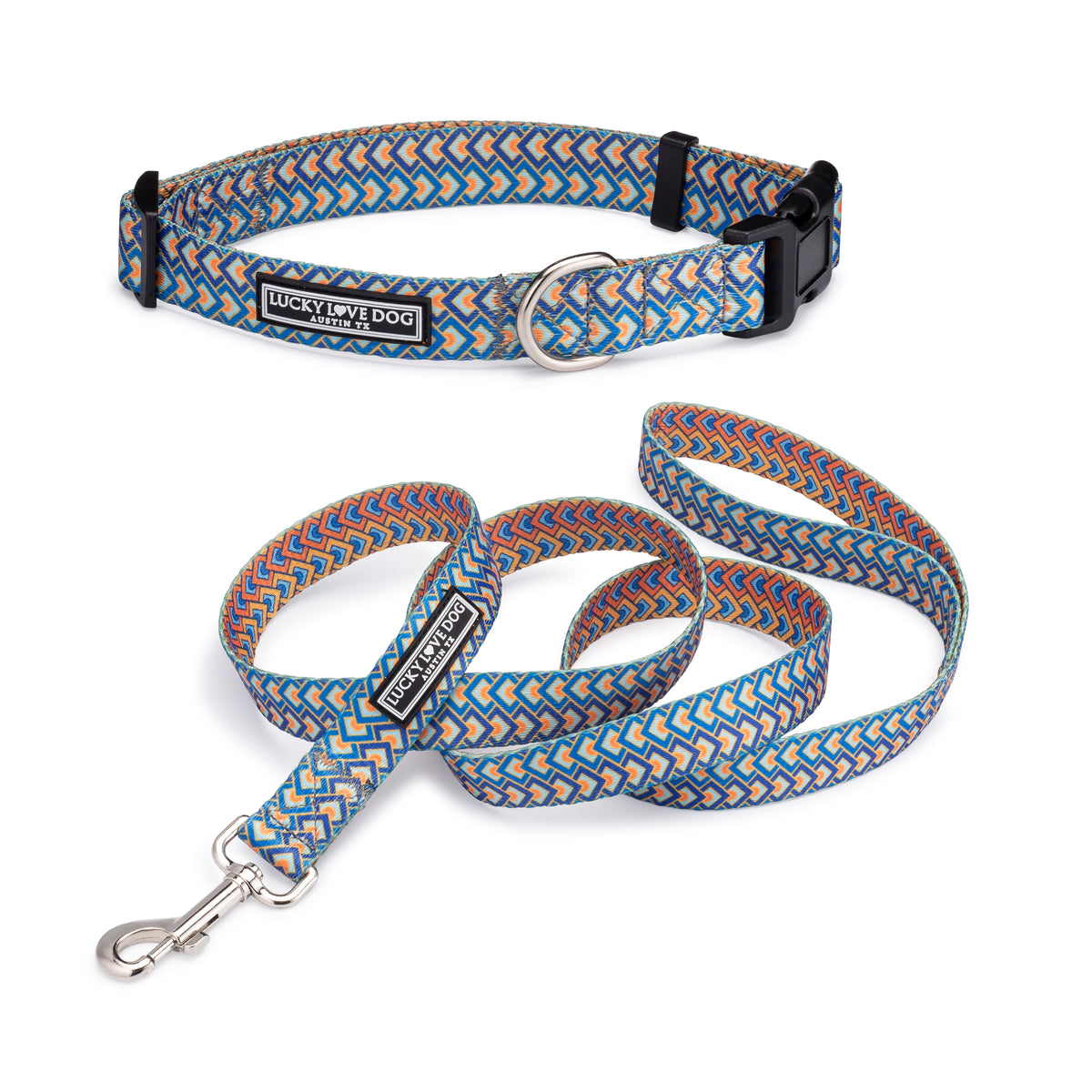 bold blue geometric male dog collar and leash