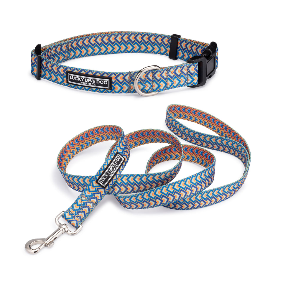 bold blue geometric male dog collar and leash