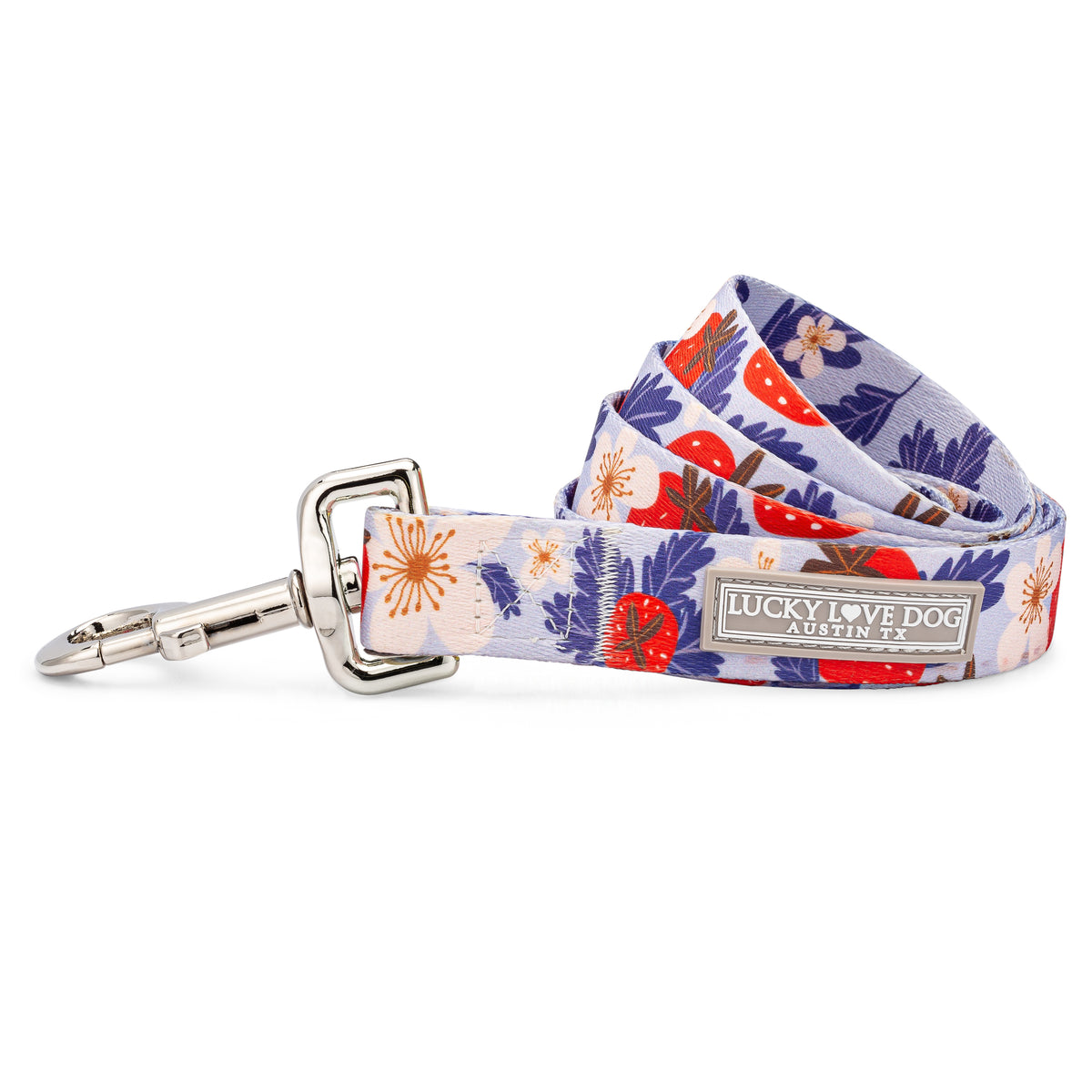Strawberry and floral print dog leash with a silver clasp and Lucky Love Dog