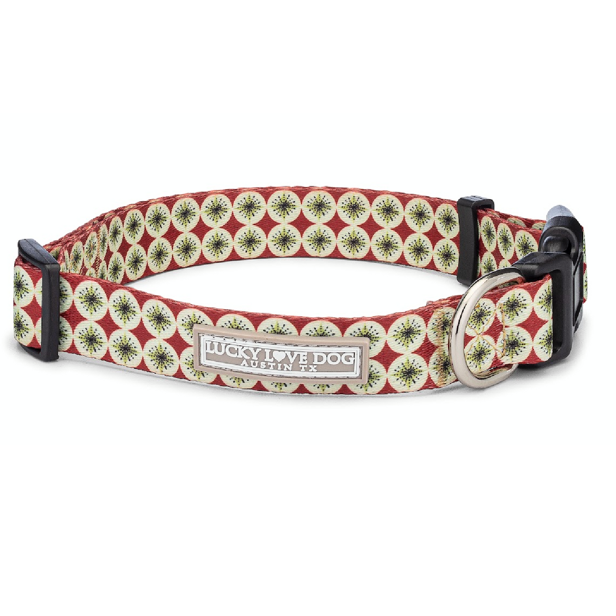 Red and white patterned Lucky Love Dog collar with metal D-ring.