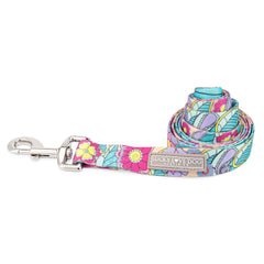 funky retro turquoise and pink flowers matching dog leash