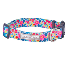 Bright floral Lucky Love Dog collar with pink, blue, and yellow flower pattern.