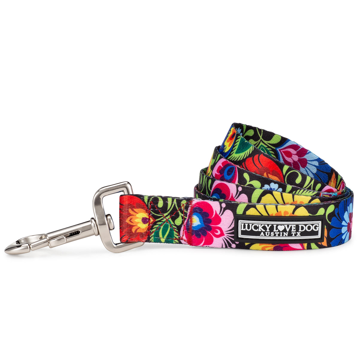 Colorful floral Lucky Love Dog leash with metal clasp.