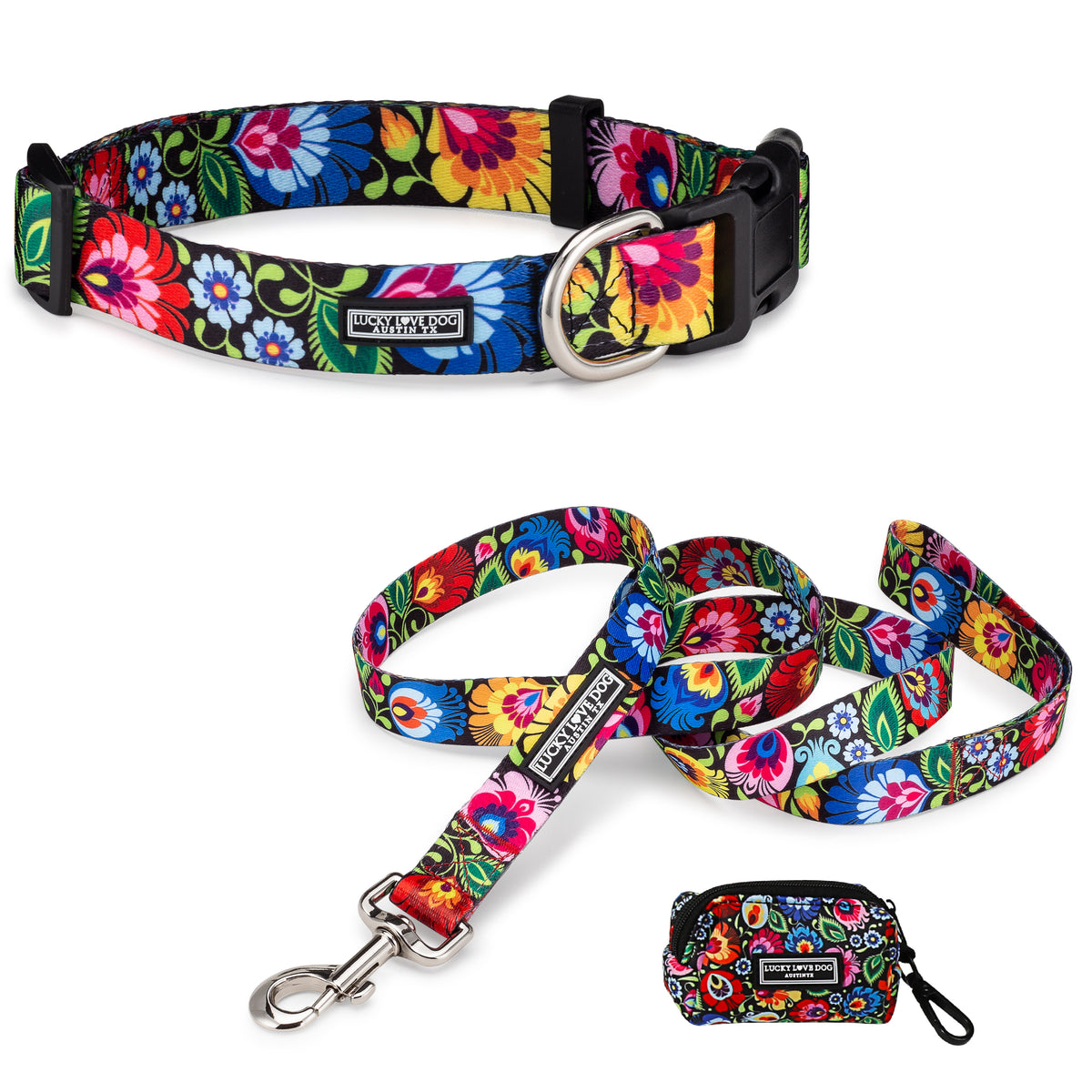 Colorful floral Lucky Love Dog collar, leash, and bag holder.