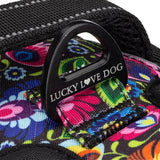 Extreme close-up of a black metal D-ring leash attachment engraved with "LUCKY LOVE DOG" on a floral dog harness.