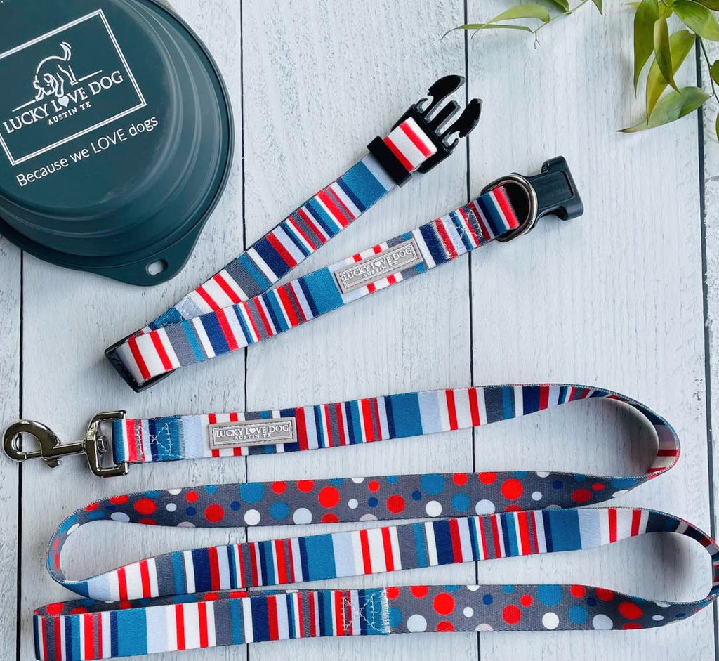 nautical red and blue striped dog collar and leash with travel bowl