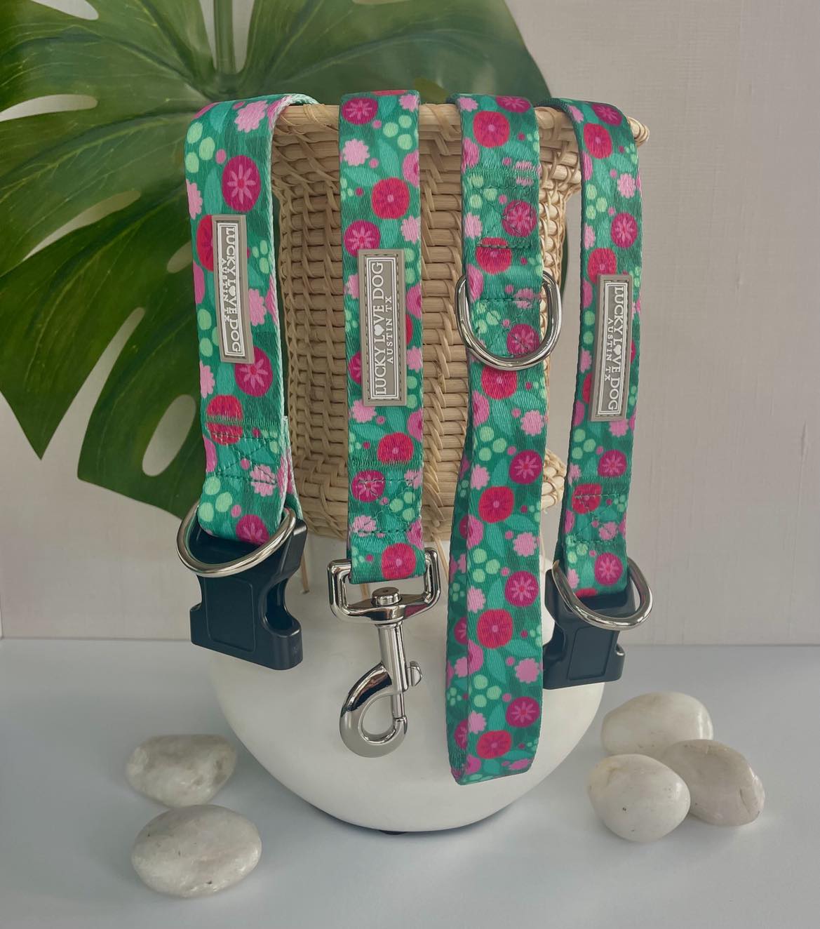Teal and pink floral Lucky Love Dog collar and leash set