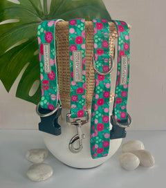 Teal and pink floral Lucky Love Dog collar and leash set