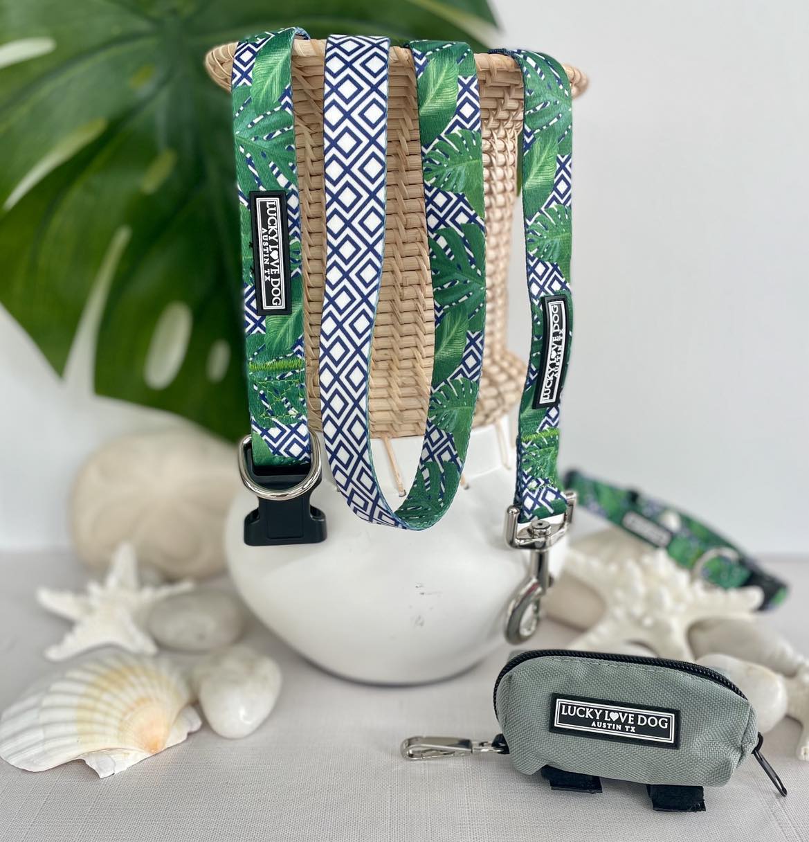 Green tropical dog collar and leash