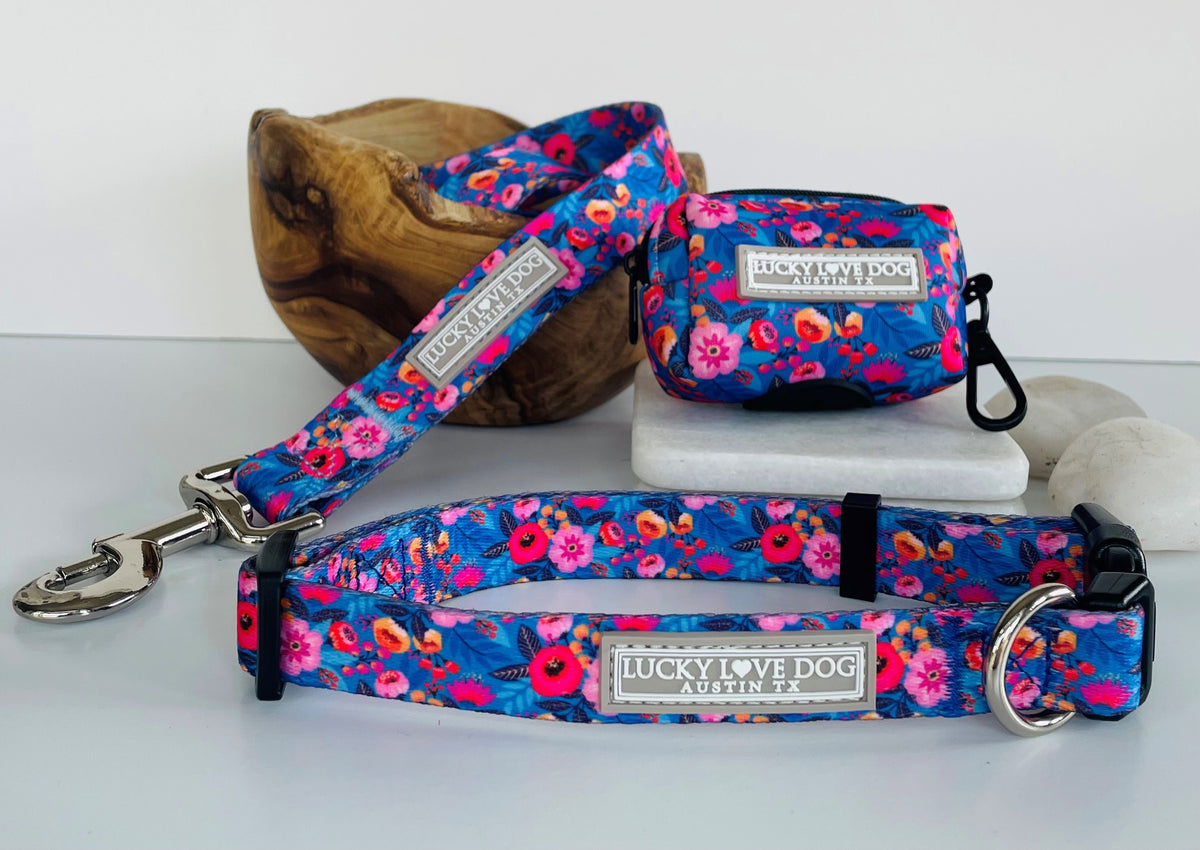 Bright blue floral dog collar, leash, and matching waste-bag holder from Lucky Love Dog
