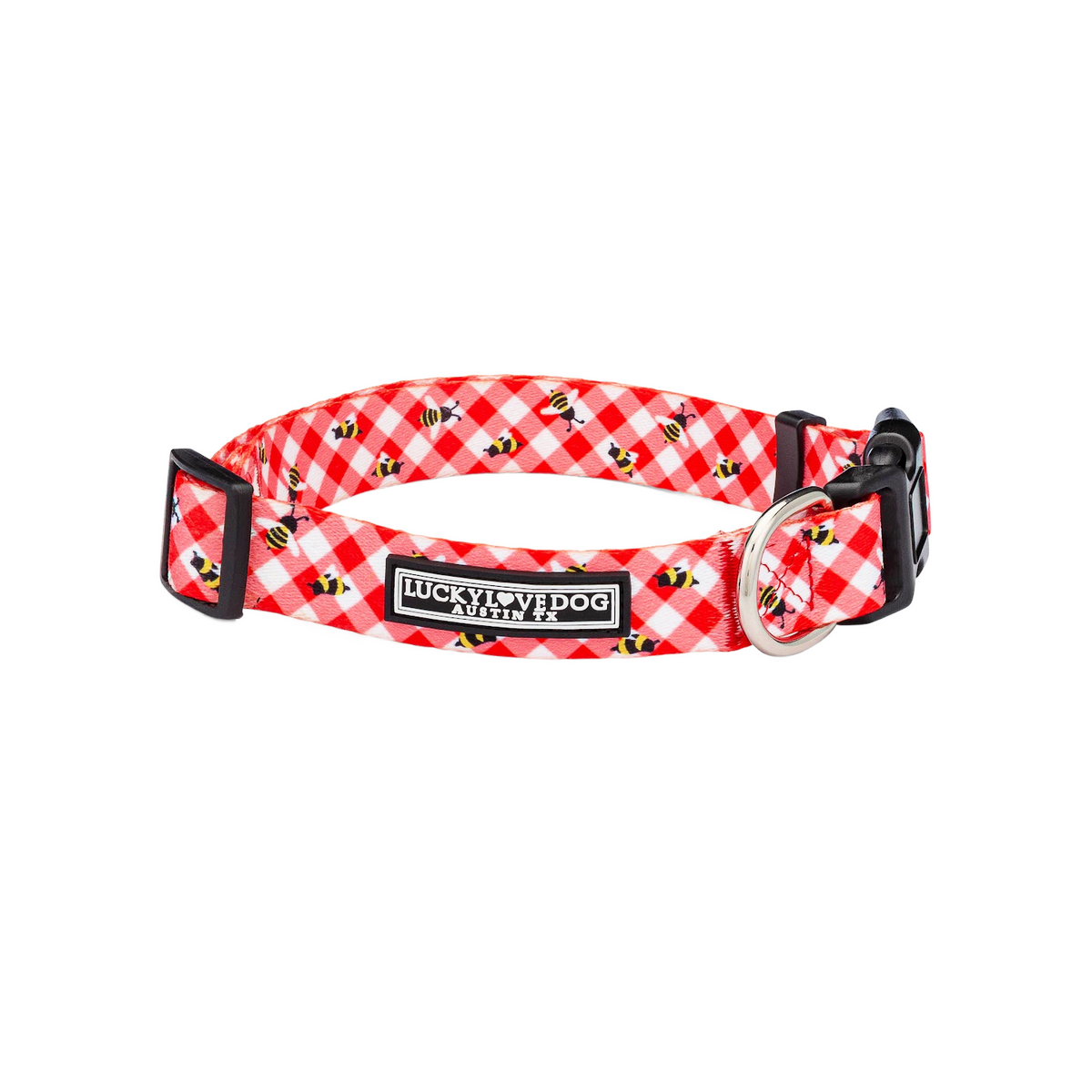 Red and white gingham dog collar with a cheerful bumblebee pattern.