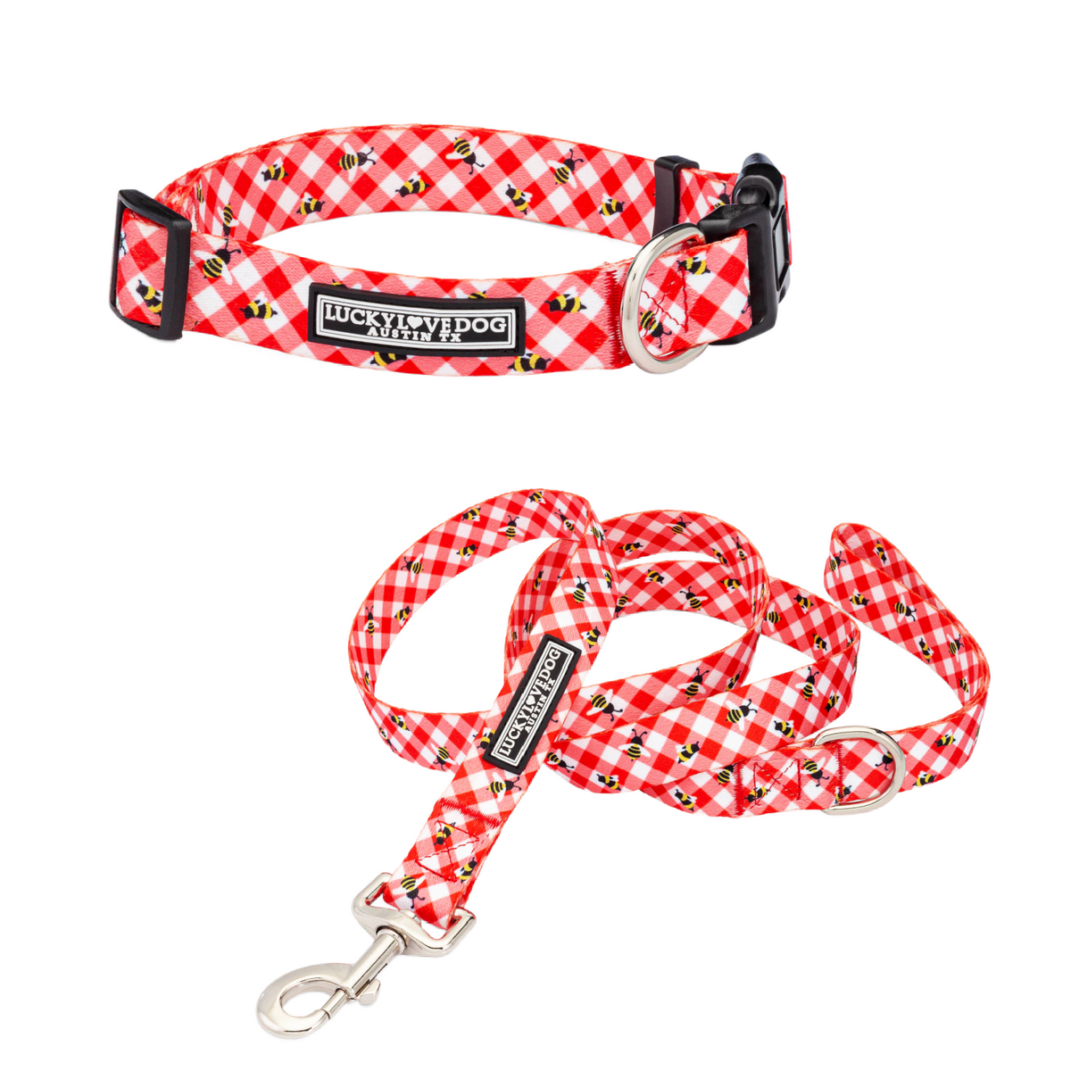Red and white gingham dog collar and leash set with a bumblebee pattern.