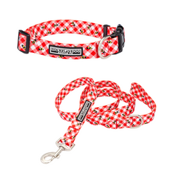 Red and white gingham dog collar and leash set with a bumblebee pattern.