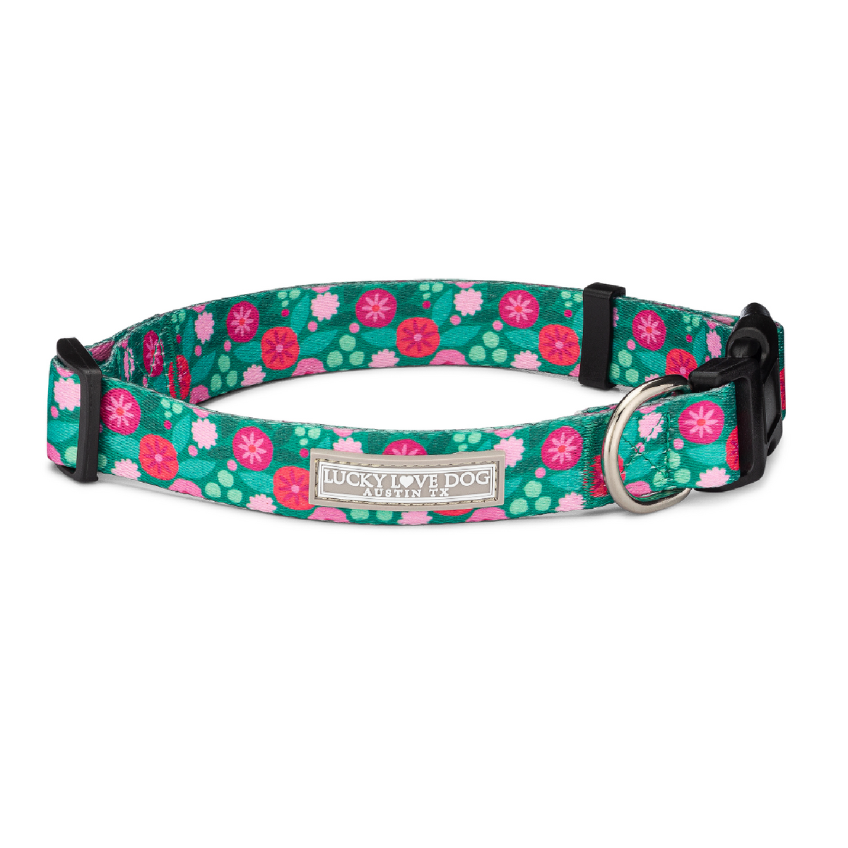 floral dog collar by Lucky Love Dog featuring a vibrant flower pattern.