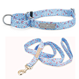 Blue holiday-themed dog collar and leash set with red berries.