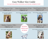 Dog harness size guide chart with weight and chest measurements for sizes from XXS to Large/XL, featuring example dog breed photos.
