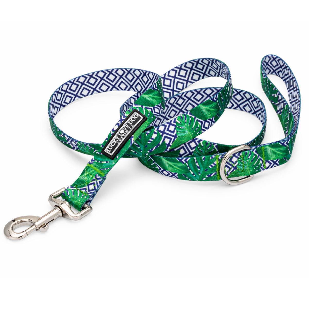 Dog leash with a mix of green tropical leaf print and navy geometric pattern
