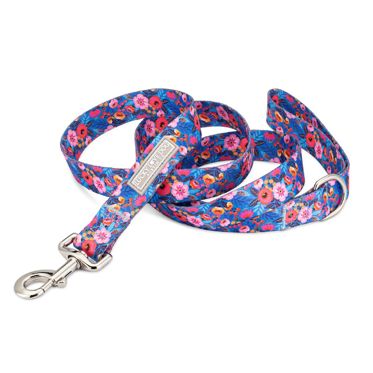 Blue floral Lucky Love Dog leash with pink and orange flowers