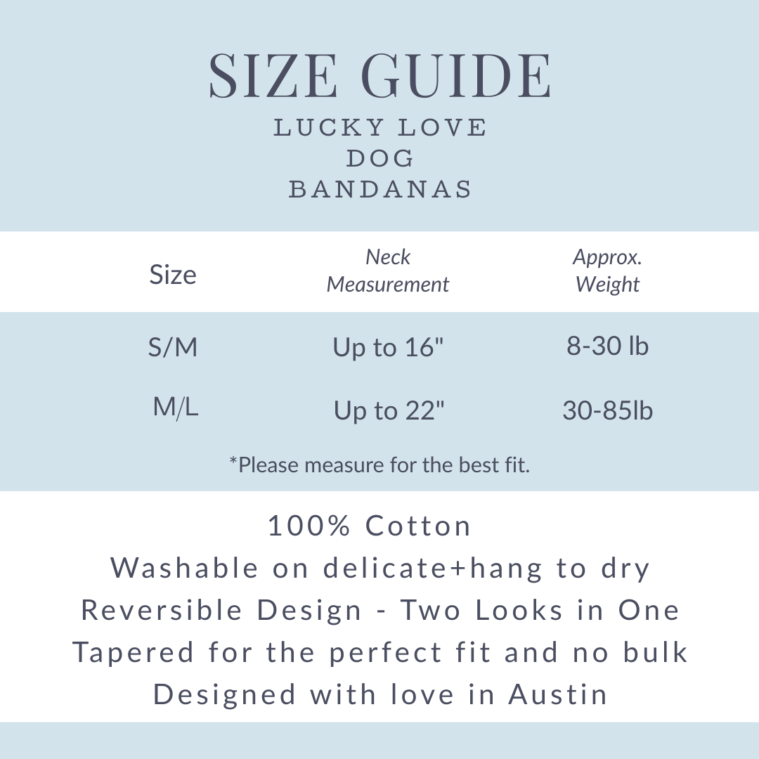 Dog bandana size chart and guide from Lucky Love Dog featuring neck measurement and weight specifications for S/M and M/L sizes.