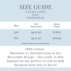 Dog bandana size chart and guide from Lucky Love Dog featuring neck measurement and weight specifications for S/M and M/L sizes.