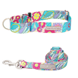 Martingale dog collar with a vibrant, colorful floral and paisley pattern on a neutral background.