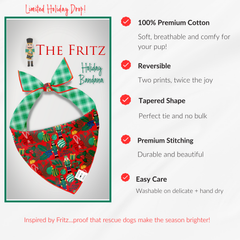 Product image for "The Fritz" holiday dog bandana with green plaid and red Nutcracker print, listing five key features.