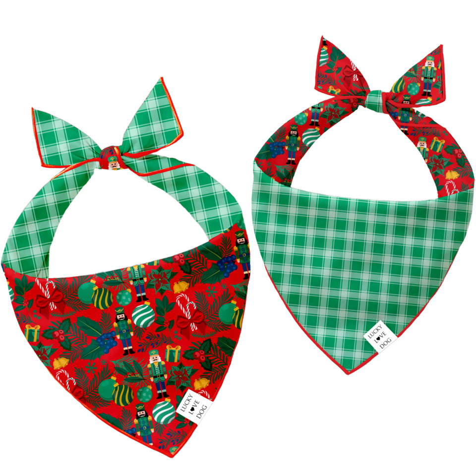 reversible dog bandana nutcrackers and candy canes with green plaid on reverse