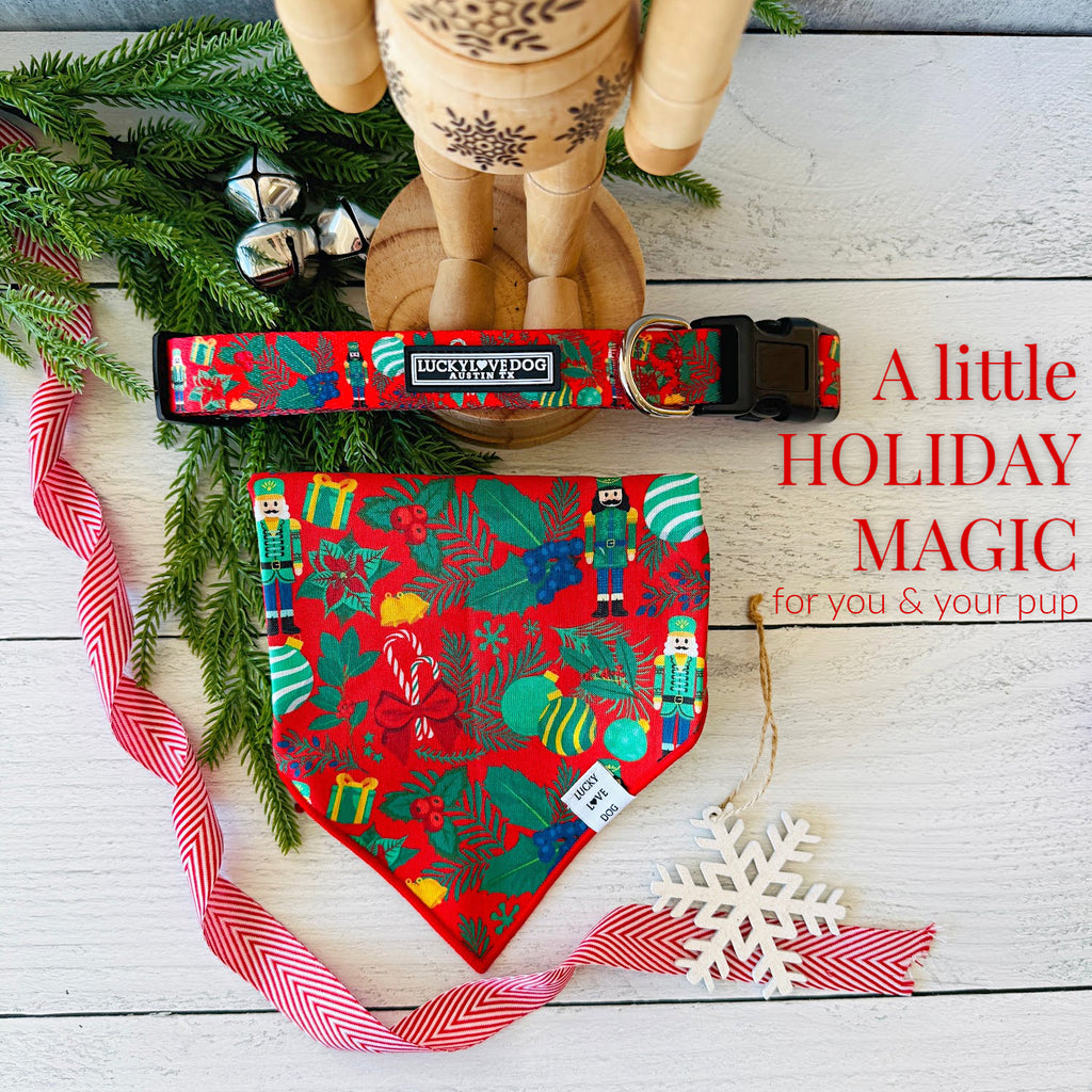 Christmas-themed dog collar and bandana set with decorative elements on a wooden surface.